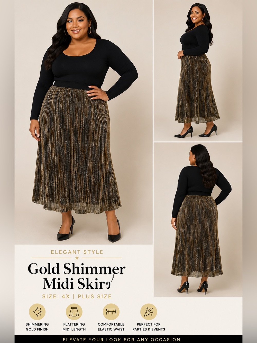 Gold Metallic Shimmer Midi Skirt Plus Size 4X Elastic Waist Party